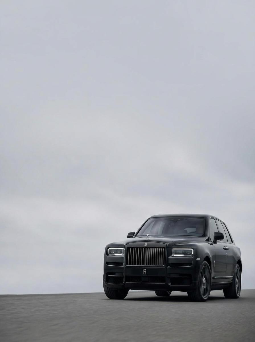 Black Rolls-Royce Cullinan driving on an empty road