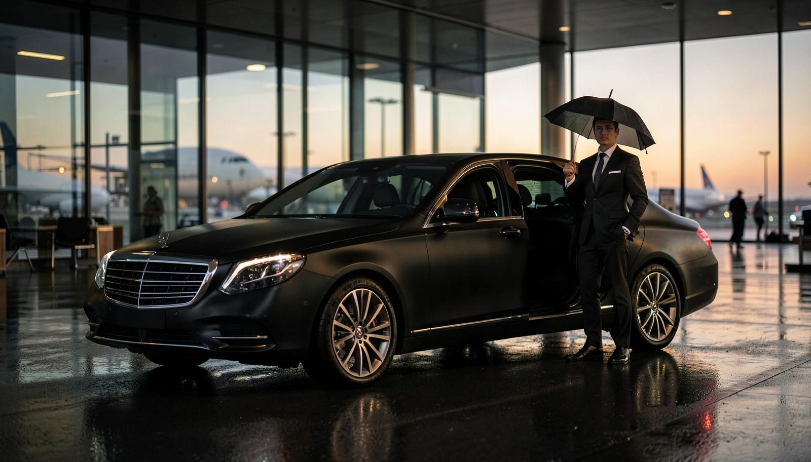 Chauffeur in a tailored suit holding an umbrella beside a matte black Mercedes-Maybach S-Class at Heathrow Airport at dawn